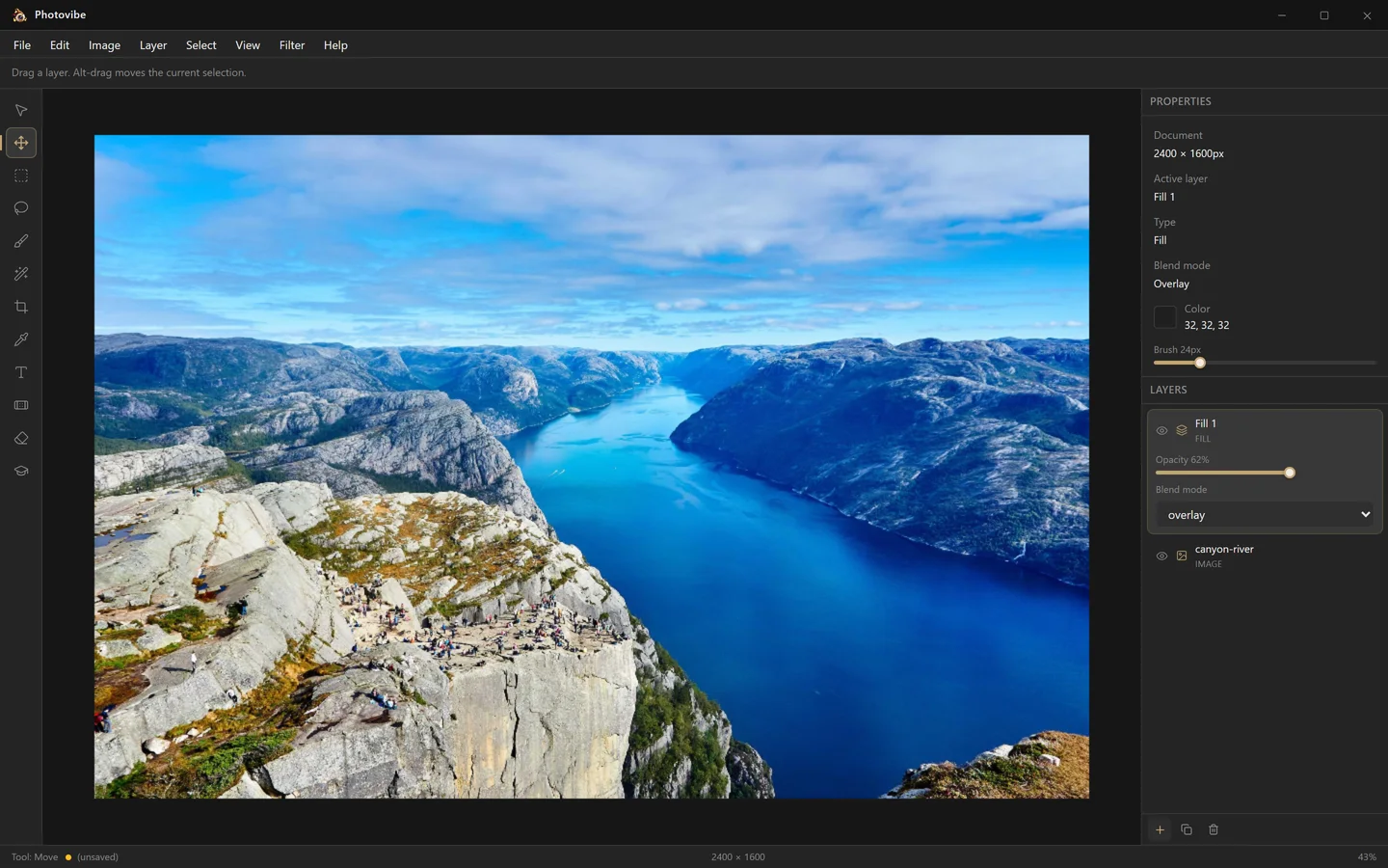 Photovibe layers panel showing a fill layer set to Overlay at 62% opacity above a photo layer
